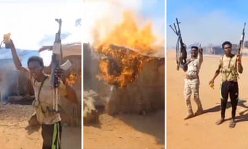 Screenshots from a video shared by the Darfur Victim Support organisation showing the village of Al Takma burning.