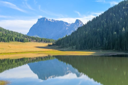 The edge of lake fringed with meadows and forests with a hazy peak in the distance