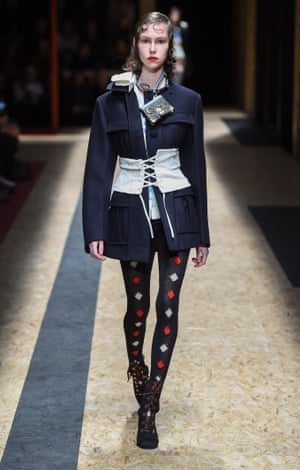 Worn wonky over an overcoat … a corset at the Prada AW16 show, Milan Fashion Week.