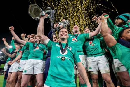 Ireland’s Johnny Sexton lifts the Guinness Six Nations trophy after winning the grand slam in March.