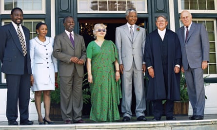 Frene Ginwala, centre, with, from left, Cyril Ramaphosa, Zanele Mbeki, Thabo Mbeki, Nelson Mandela, Kobie Coetsee and FW de Klerk at the opening of parliament in Cape Town, South Africa, in 1996.