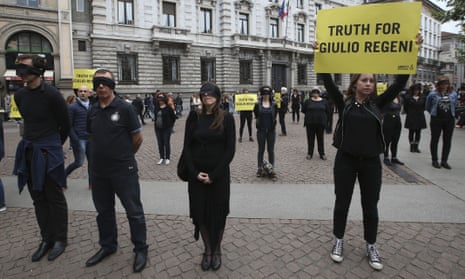 Amnesty International activists stage a flash mob protest asking for the truth about the death of Giulio Regeni in Milan’s, Italy, in April 2016. Regeni, 28, an Italian PhD student at Cambridge University, disappeared in Cairo on 25 January and his body, showing signs of torture, was found on 3 February.