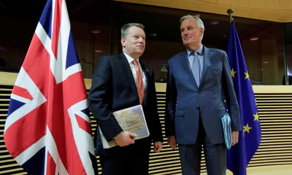 The UK’s chief Brexit negotiator, David Frost (left), with his EU counterpart, Michel Barnier, in Brussels