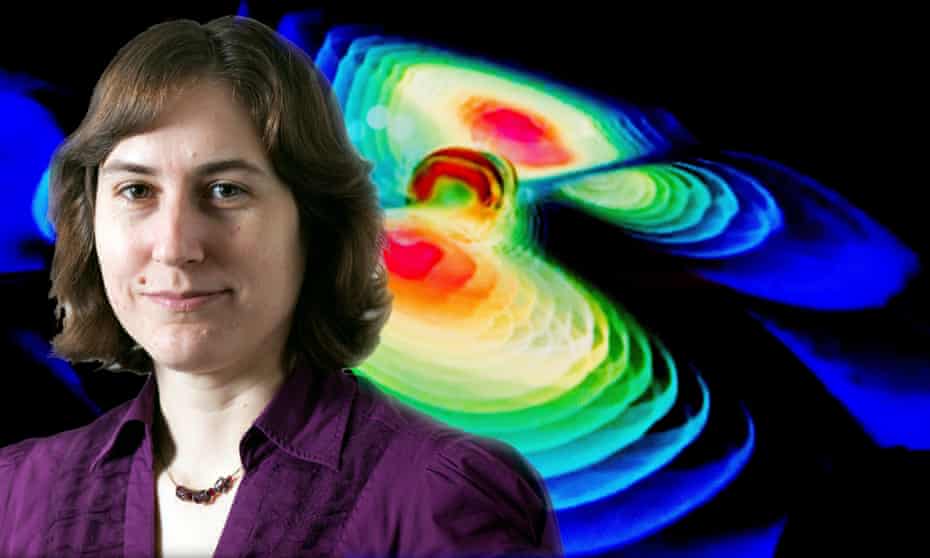 Composite image of Australian astrophysicist Katie Mack’s headshot and a visualisation of gravitational waves pictured during a press conference by the Max Planck Institute for Gravitational Physics (Albert Einstein Institute) at the Leibniz University in Hanover, Germany, 11 February 2016