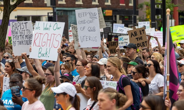 Pro-choice advocates gather and march in Cincinnati, Ohio.