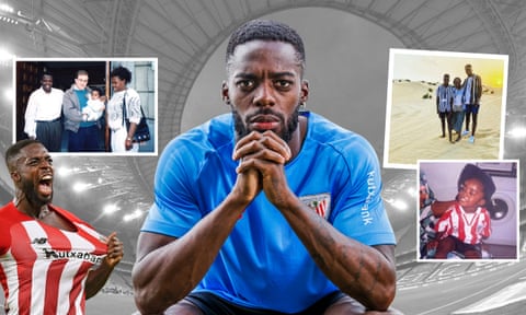 Top left: Iñaki Williams, his parents and the priest who helped them in Spain. Top right: Iñaki in Dubai with his brother Nico and mother Maria, who started crying when she saw saw the vast expanse of sand.