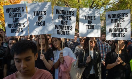 Google employees’ protest signs read ‘Worker’s rights are women’s rights’ ‘Time’s up tech’