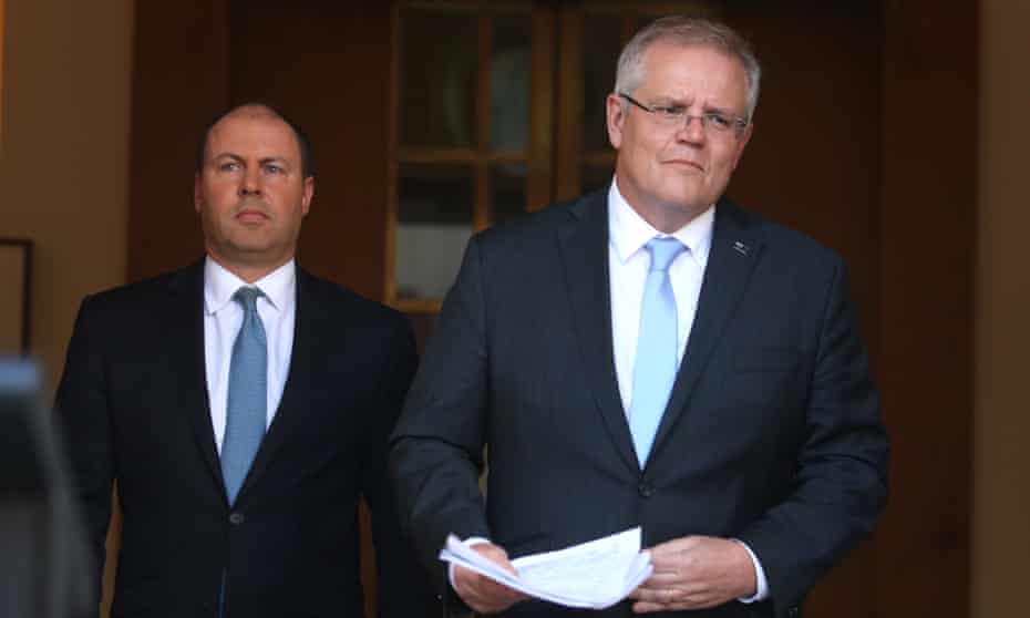 Australian treasurer Josh Frydenberg and prime minister Scott Morrison at a press conference in Canberra