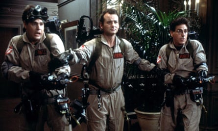 Dan Aykroyd, Bill Murray, Harold Ramis and their proton packs in the original Ghostbusters.