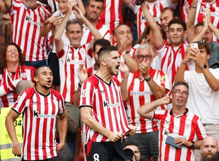 Oihan Sancet roars with delight after scoring Athletic Bilbao’s third goal