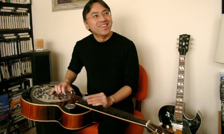 Kazuo Ishiguro at home with his guitars.