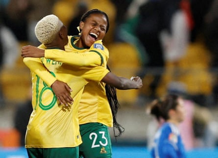 Wendy Shongwe celebrates with Sibulele Holweni after the match as South Africa qualify for the knockout stages.