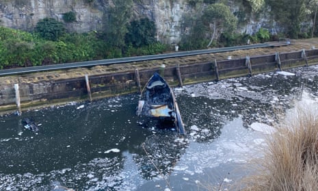 The remains of the yacht at Woolwich pier in Sydney on Sunday morning.