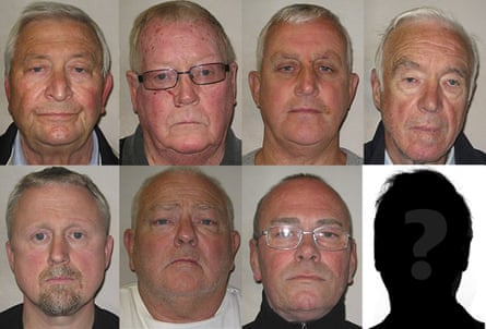 Top, left to right: Terry Perkins, John Collins, Daniel Jones and Brian Reader. Bottom, left to right: Hugh Doyle, William Lincoln, Carl Wood and the mystery man who hasn’t been found, ‘Basil’.