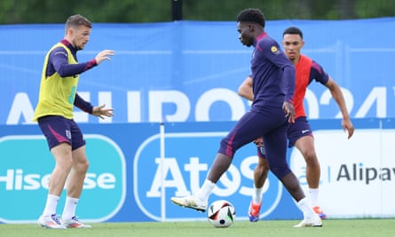 Kieran Trippier, left, Bukayo Saka and Trent Alexander-Arnold training in Blankenhain on Saturday.