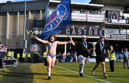 Alfie Barbeary running round the pitch in his infamous budgie smugglers at Bath’s Challenge Cup trophy parade last season.