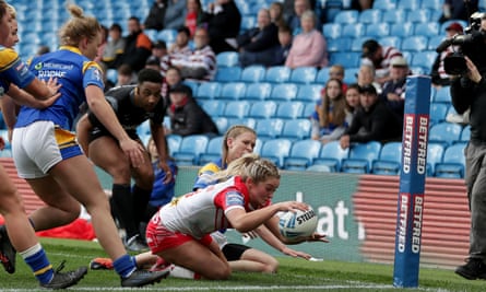 Eboni Partington scores her second try as St Helens beat Leeds in the 2022 Women’s Challenge Cup final.
