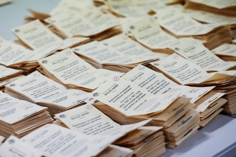 Referendum ballot papers at a counting centre in Melbourne, Saturday, October 14, 2023.