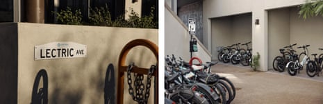 The newly unveiled ‘Lectric Avenue’ in the community, and bike parking within Culdesac’s community courtyards.
