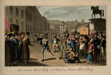 A coloured aquatint of Billy Waters busking in London, 1822.