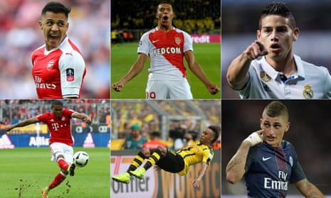 Clockwise from top left: Alexis Sánchez, Kylian Mbappé, James Rodríguez, Marco Verratti, Pierre-Emerick Aubameyang and Douglas Costa could be on the move this summer.