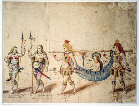 a drawing of a parade with people in extravagant costumes