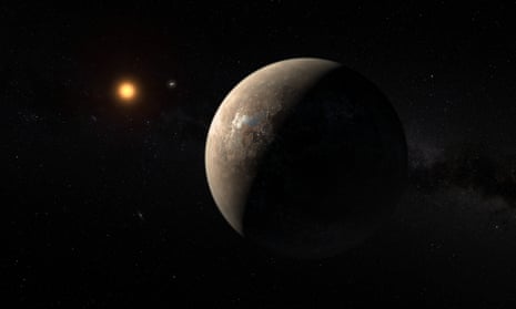 An artist’s impression of the planet Proxima b orbiting the red dwarf star Proxima Centauri, the closest star to our solar system. 