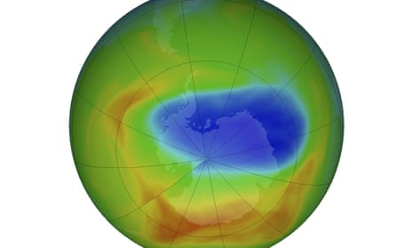 This image made available by Nasa shows a map of a hole in the ozone layer over Antarctica on 20 October 2019.