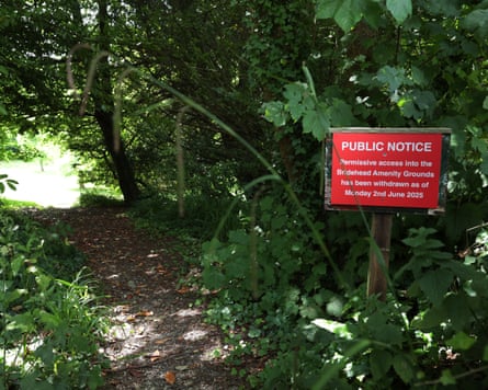 A public notice next to a path saying that permissive access to the Bridehead estate has been withdrawn from 2 June 2025