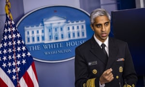 Photo by Samuel Corum. The US surgeon general, Vivek Murthy, speaks during the daily White House briefing