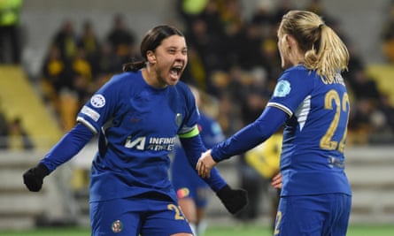 Sam Kerr (left) and Erin Cuthbert celebrate after the latter scored Chelsea’s second goal.