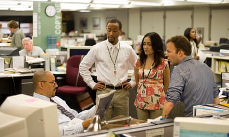 Actors Clark Johnson, Brandon Young, Michelle Paress and Tom McCarthy in the fifth season of The Wire, which partly followed the Baltimore Sun.