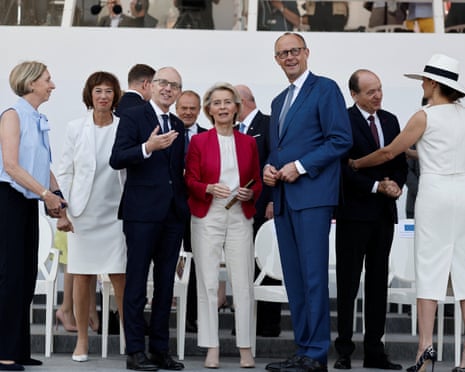 European Commission president Ursula von der Leyen, Luxembourg's prime minister Luc Frieden and German chancellor Friedrich Merz attend the annual Bastille Day military parade on the Place de la Concorde in Paris, France.