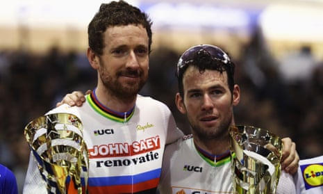 Bradley Wiggins and Mark Cavendish show off their prizes after winning the Ghent six-day race
