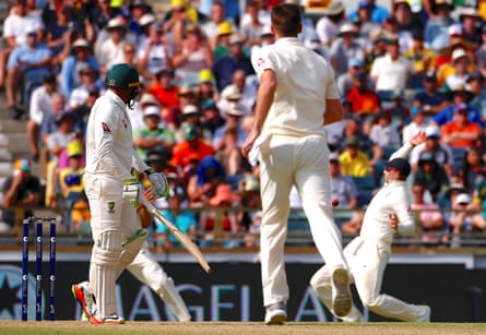 England’s captain, Joe Root, misses a catch from Australia’s Usman Khawaja during the third Ashes Test.