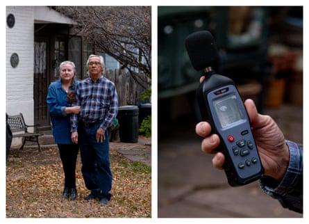 PJ Breslin and her husband, Craig Chisesi, have been vocal about environmental concerns in the area. Right: A decibel meter is used to record noise levels from the nearby airport.