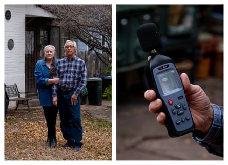 PJ Breslin and her husband, Craig Chessie, have been vocal about environmental concerns in the area. Right: The decibel meter is used to record noise levels from the nearby airport.