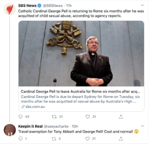 Screengrab of Keepin it Real tweet of story about Cardinal George Pell flying to Rome