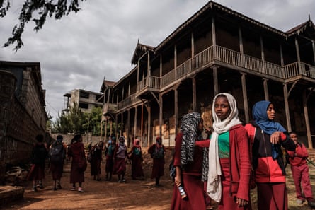 Students gather in the courtyard of the Sheik Ojele palace, which was built in 1890 and influenced by Indo-Islamic architectural design, and used as a residence combined with a school in Addis Ababa.