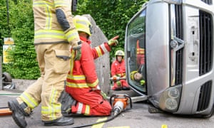 Firefighters use specialist equipment to move a car at Cardiff Gate Training Centre