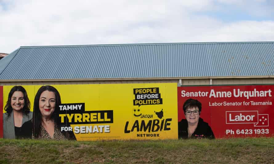 Senate election signage for Jacqui Lambie, Tammy Tyrrell and Labor’s Anne Urquhart in Devonport, Tasmania, Australia