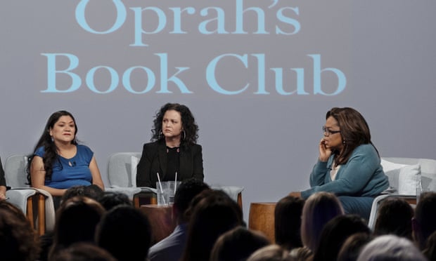 Oprah Winfrey during the recording with Jeanine Cummins (centre) and Reyna Grande.
