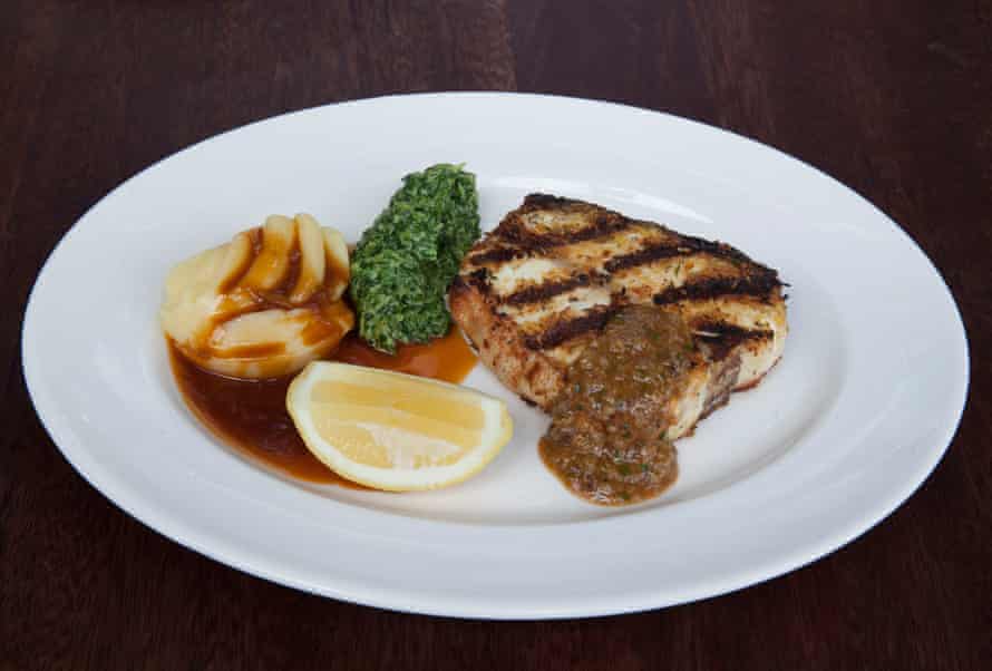 Hawksmoor’s charcoal roasted halibut mash and gravy with creamed spinach.