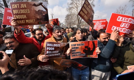 Members of the People’s Democratic party (PDP) protest against land eviction drive in Kashmir, Srinagar, Jammu and Kashmir, India, on 7 February 2023.