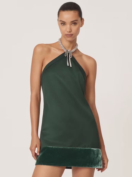 Reiss Sina Satin Crystal-Necklace Mini Dress in Green