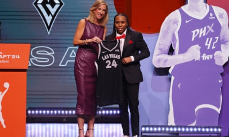 Dyaisha Fair poses with the WNBA commissioner Cathy Engelbert after being selected with the NO 16 overall pick to the Las Vegas Aces