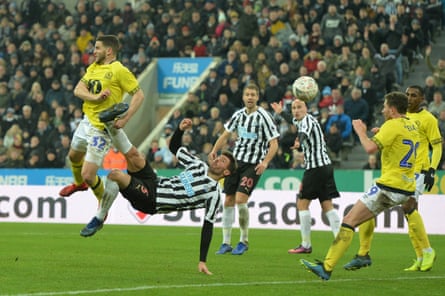 Fabian Schar of Newcastle attempts an overhead kick.