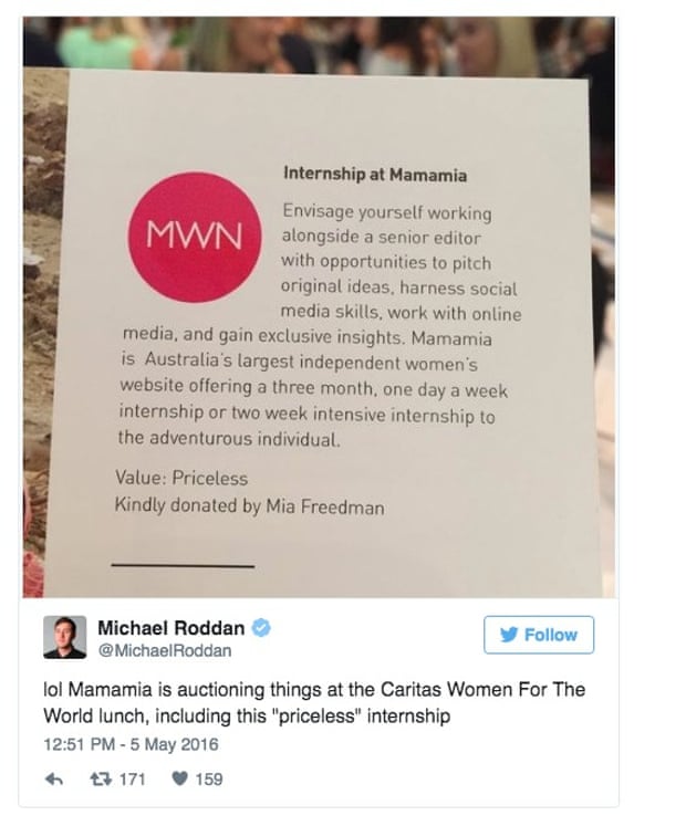 Tweet from Michael Roddan about the donation for auction of an internship with Mamamia in support of Caritas Australia.