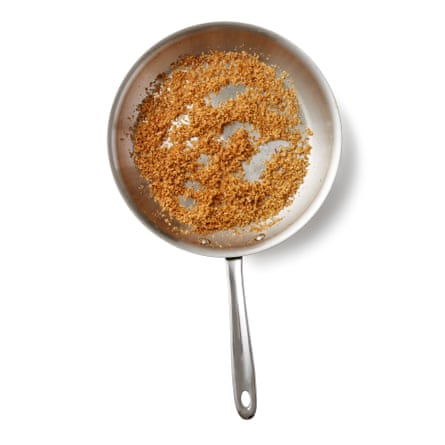 Meanwhile, if making the breadcrumb topping, melt a little butter (or a dash of oil) in a frying pan, then add the breadcrumbs and fry until golden and crisp. Tip out on to a plate.