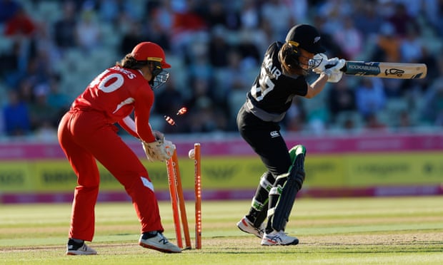 New Zealand’s Rosemary Mair is bowled for a golden duck by Sarah Glenn during England’s convincing win over New Zealand.